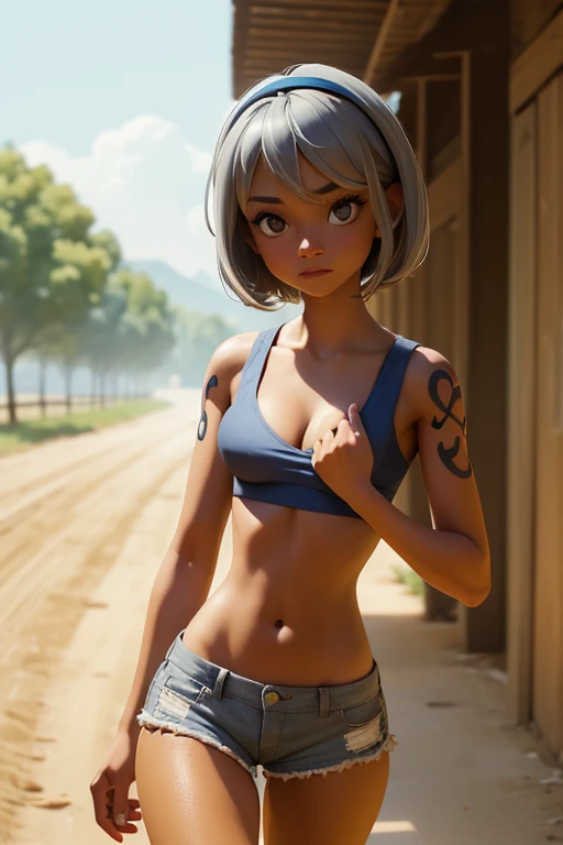 (masterpiece), best quality, expressive eyes, perfect face, front lighting, (farm background), (walking), (seductive look), (cleavage view), (1girl, Namk, 18 years old, grey-blue hair, grey-blue hair, grey-blue hair, BREAK, short hair with hairband, bob hairstyle, brown eyes, hourglass figure, dark skin, tanned skin, tan, skinny body, thin body, petite_body, small breasts, wide hips, thick thighs, sholder tattoo, chest tattoo, collarbone tattoo), BREAK, (yellow v-neck shirt, sleeveless, croptop, exposed cleavage, BREAK, shorts), 