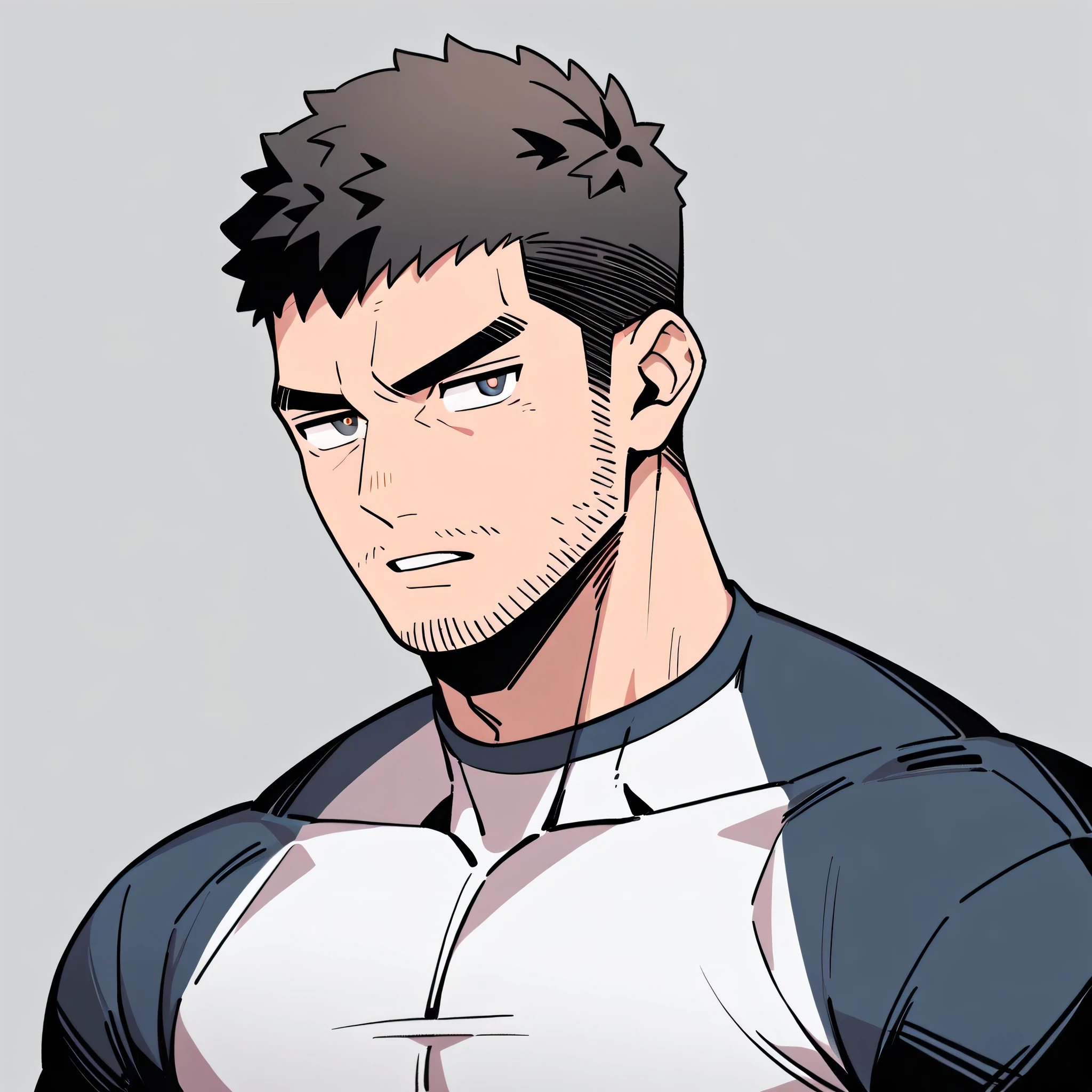 anime characters:Chris Redfield, Muscle Sports Student, Buzz Cut, Manliness, male focus, Dark black high collar long sleeve tight T-shirt, Very tight, full and perky chest muscles, muscular male, muscular, only, Upper body, alone, Black short hair, Thick eyebrows, stubble, Brown-red pupils, Grey background, simple background, amazing quality, best aesthetics, Ridiculous, crew cut, parted lips, v-shaped eyebrows, jitome, best quality