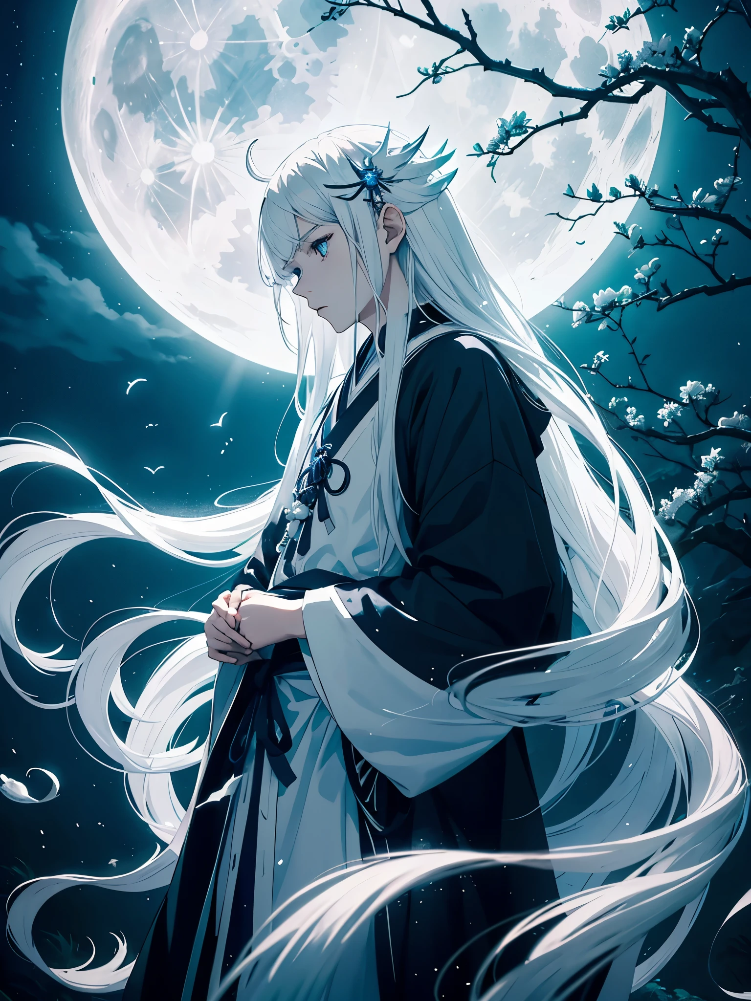 Japanisch. White crows. Ghosts. lights. magical. Power animals. Spirit. King of the moon. Long hair. long white hair. aquatic, boy, silver hair accessories, White hair, blue flowers. Blue lights. full moon. holy.