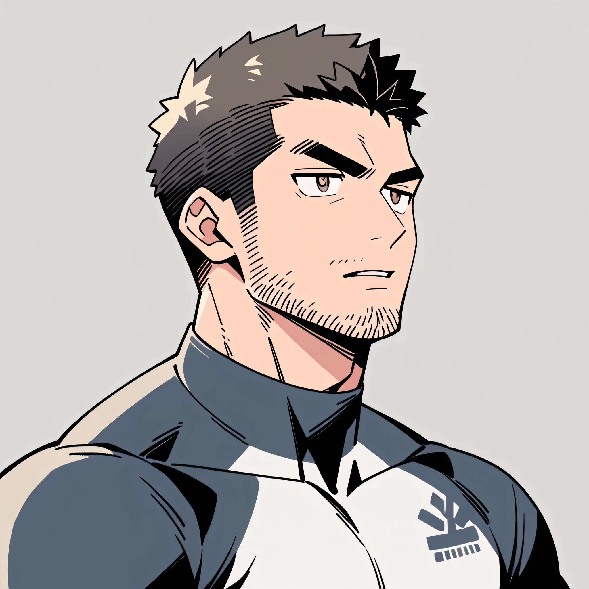 anime characters：Chris Redfield, Muscle Sports Student, Buzz Cut, Manliness, male focus, Dark black high collar long sleeve tight T-shirt, Very tight, full and perky chest muscles, muscular male, muscular, only, Upper body, alone, Black short hair, Thick eyebrows, stubble, Brown-red pupils, Grey background, simple background, amazing quality, best aesthetics, Ridiculous, crew cut, parted lips, v-shaped eyebrows, jitome, best quality