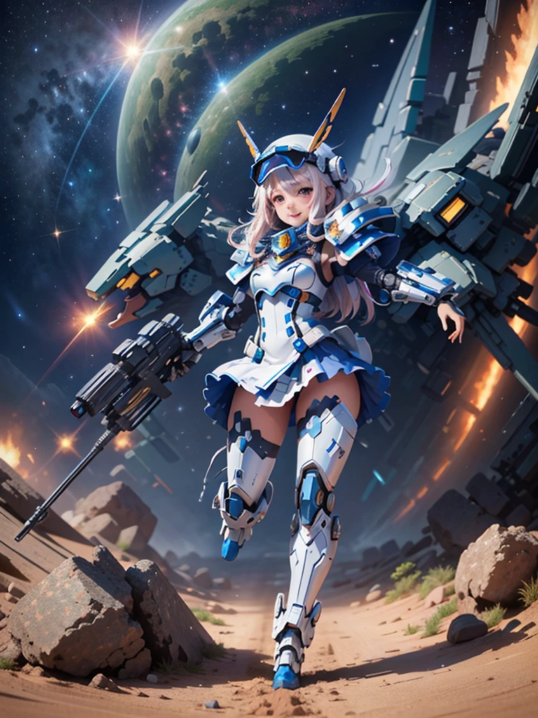 masterpiece,top-quality,Ultra-detail,very detailed illustration,ighly detailed,intricate-detail,hight resolution,super complex details,Highly detailed 8k CG wallpapers, mecha musume, machine components, Robot Joint, head gear, 1girl in,solo, mecha musume, red blush,is standing,cowboy shot, starryskybackground, Background with, Shining black metallic armor、Symmetrical Full Armor、Symmetrical mechanical wing、Funnel mounting、highleg, A smile,Being in the air、are flying、Holding a beam rifle and firing in flight、Sniping with a beam rifle in flight、