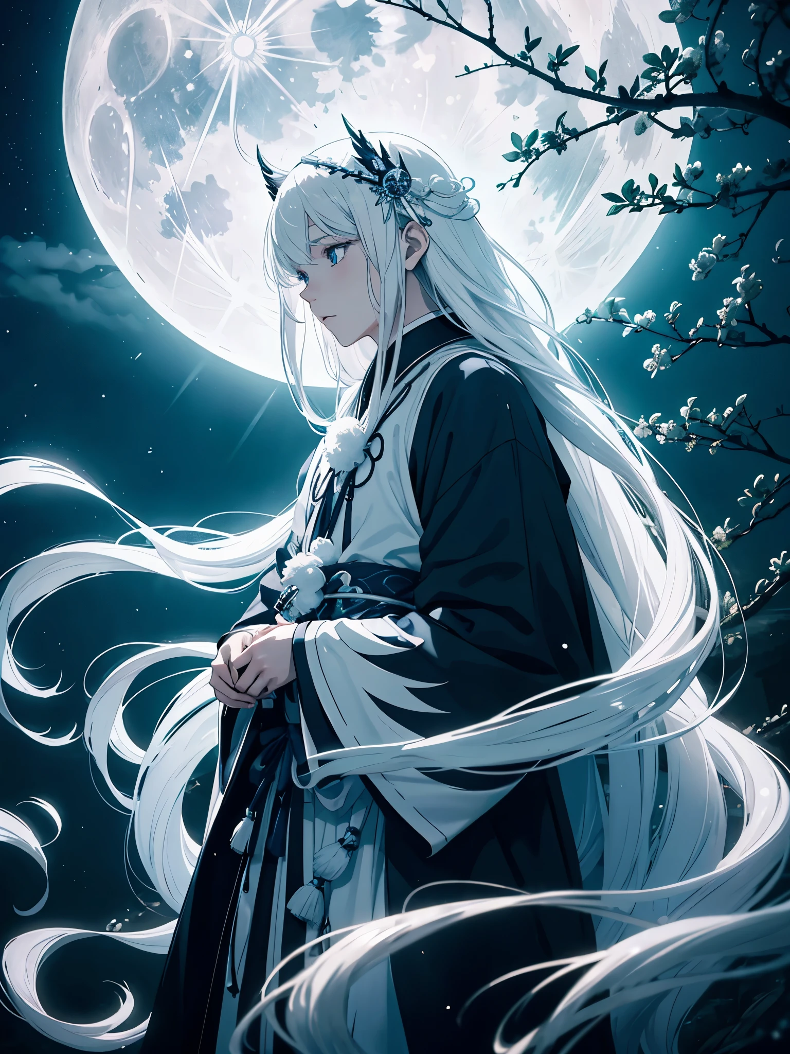 Japanisch. White crows. Ghosts. lights. magical. Power animals. Spirit. King of the moon. Long hair. long white hair. aquatic, boy, silver hair accessories, White hair, blue flowers. Blue lights. full moon. holy.