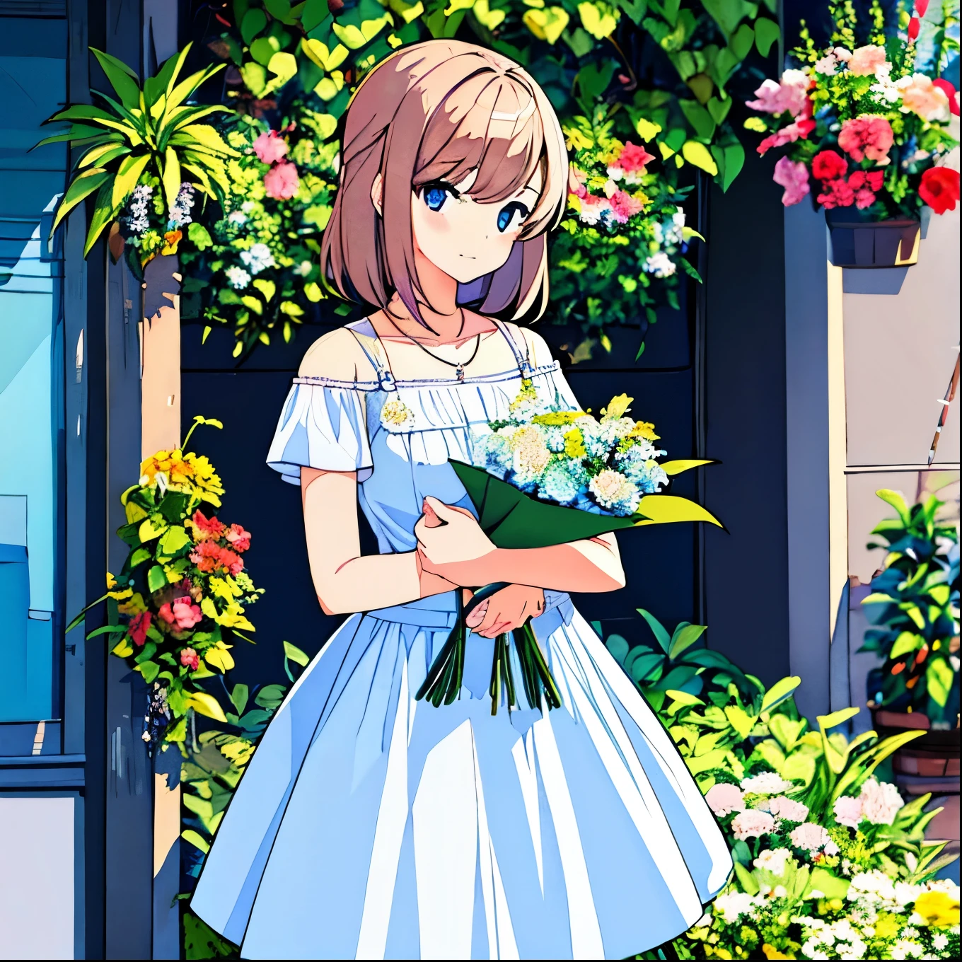 Girl with a bouquet Modern Cumulonimbus Summer Flower shop
