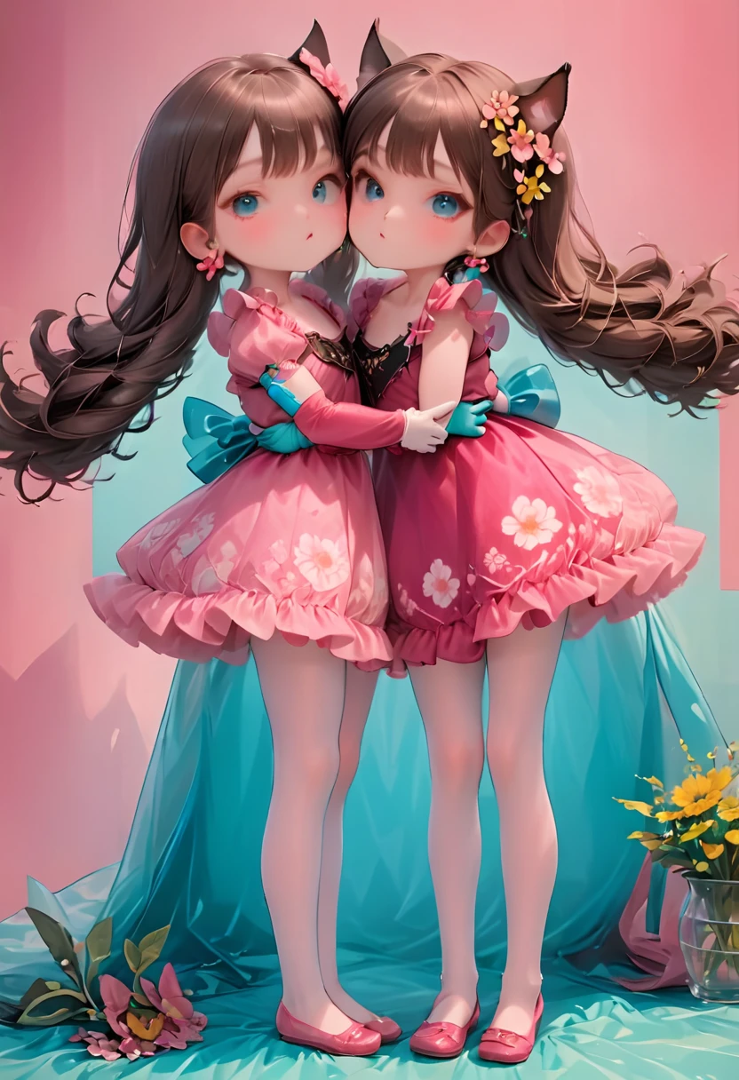 (Style-Princess) (1 man, 1 catgirl) (hetero, couple) (crossdressing, fully clothed) (brown hair, blue eyes) (portrait) (women's clothes only) (women's beautifully feminine skintight velvet floral print frilly girly pink adorable ballet leotards) (white opaque tights, no shoes) (tiaras, pink shoulder-length silk gloves:1.3) (woman's bedroom, four-poster bed) (lying down, hugging, bending knee) (intimacy, playfulness, closeness)