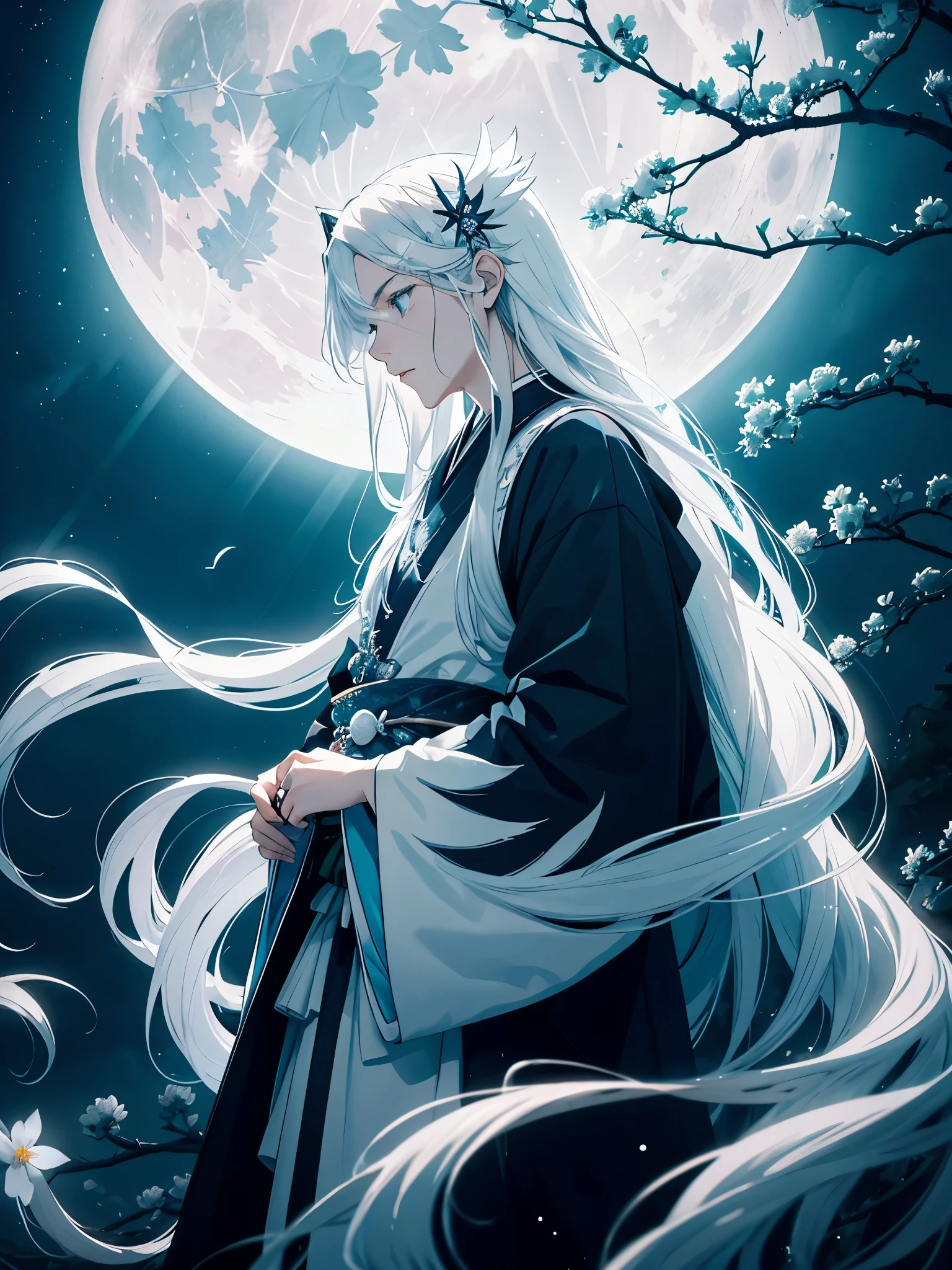 Japanisch. White crows. Ghosts. lights. magical. Power animals. Spirit. King of the moon. Long hair. long white hair. aquatic, boy, silver hair accessories, White hair, blue flowers. Blue lights. full moon. holy.