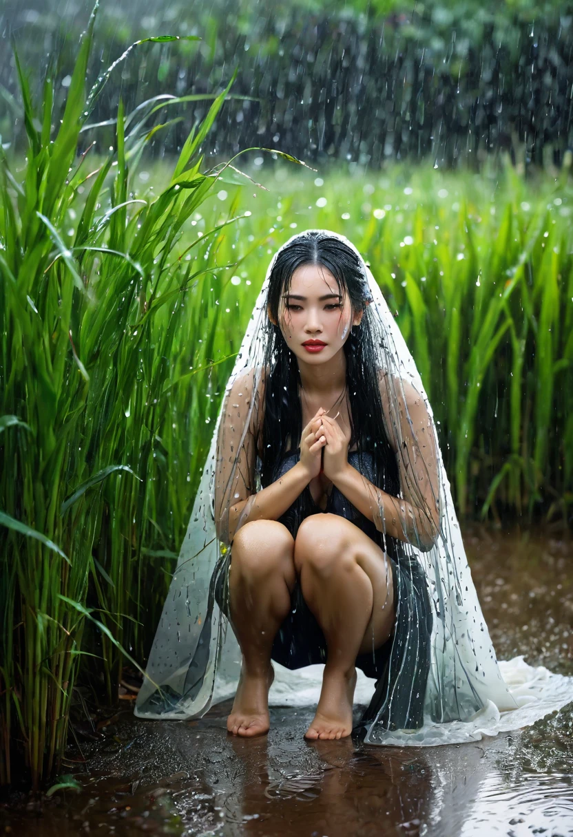 In this scene, a striking half-Thai-Chinese woman kneels in the vast tall grass. Her long, straight, black hair glistened with the raindrops. And her bright white skin contrasted with the dark atmosphere swirling from the heavy rain. She wore a veil. This is a bird's-eye view taken with a fisheye lens. which emphasizes the curvature of the holographic golden water flowing around it. The water sparkled in the scattered light. This made the scene seem like it had come from another world. Above, the sky was filled with white and black clouds. Amazing mood enhancer The leaves are scattered all around. Amidst the blowing wind and falling rain Complete the atmosphere and atmosphere