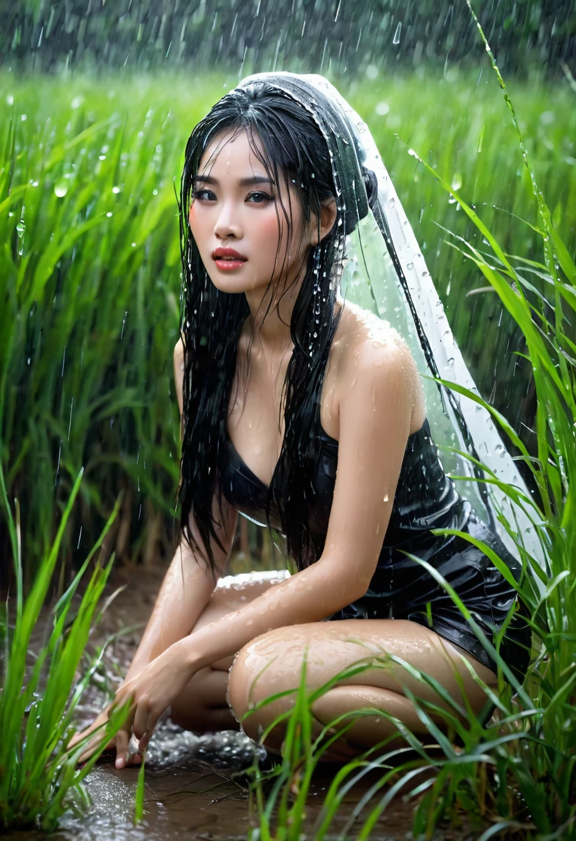 In this scene, a striking half-Thai-Chinese woman kneels in the vast tall grass. Her long, straight, black hair glistened with the raindrops. And her bright white skin contrasted with the dark atmosphere swirling from the heavy rain. She wore a veil. This is a bird&#39;s-eye view taken with a fisheye lens. which emphasizes the curvature of the holographic golden water flowing around it. The water sparkled in the scattered light. This made the scene seem like it had come from another world. Above, the sky was filled with white and black clouds. Amazing mood enhancer The leaves are scattered all around. Amidst the blowing wind and falling rain Complete the atmosphere and atmosphere
