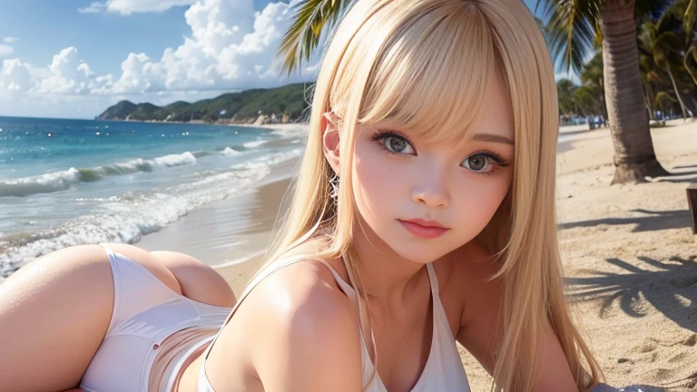 On the beach,White vest,Exposing shoulders,((Tabletop)),(Realistically:1.2),最high quality,high quality,Absurd,Rich colors,Great art,最high quality, Super detailed,Beautiful details,20-year-old、Blonde beauty、Blonde Japanese、