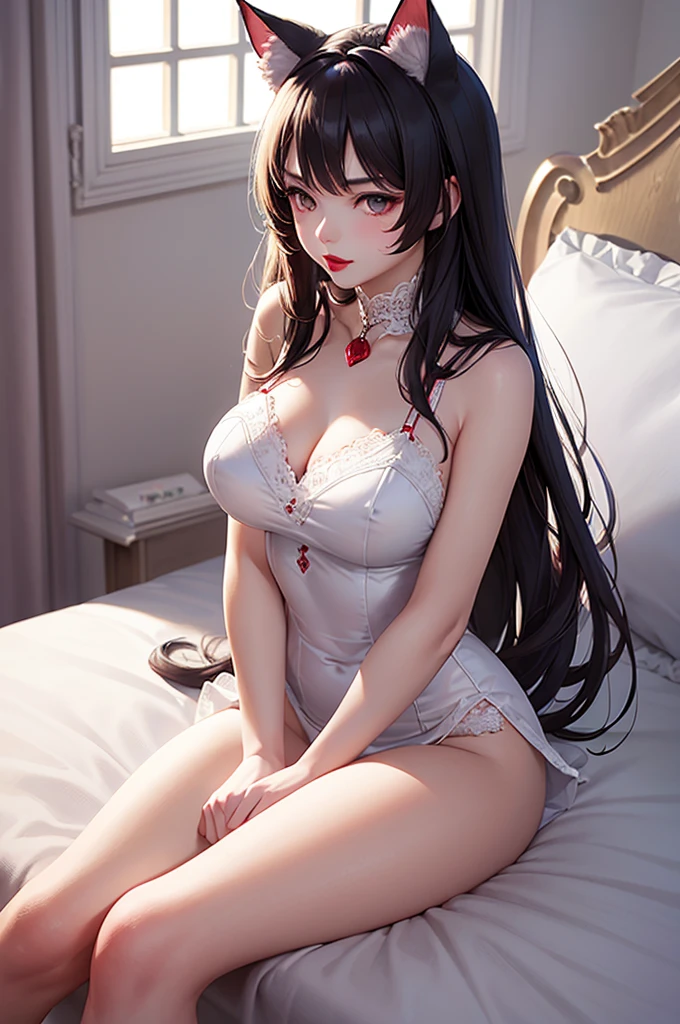 Detailed facial details，16 years old，1 girl，Red lips，Cat ear，Black long hair，Wearing snow-white latex lace bunny，Large Breasts，Slim，Handcuffs，Collar，Radiant Skin，Sitting at the table，Hospital