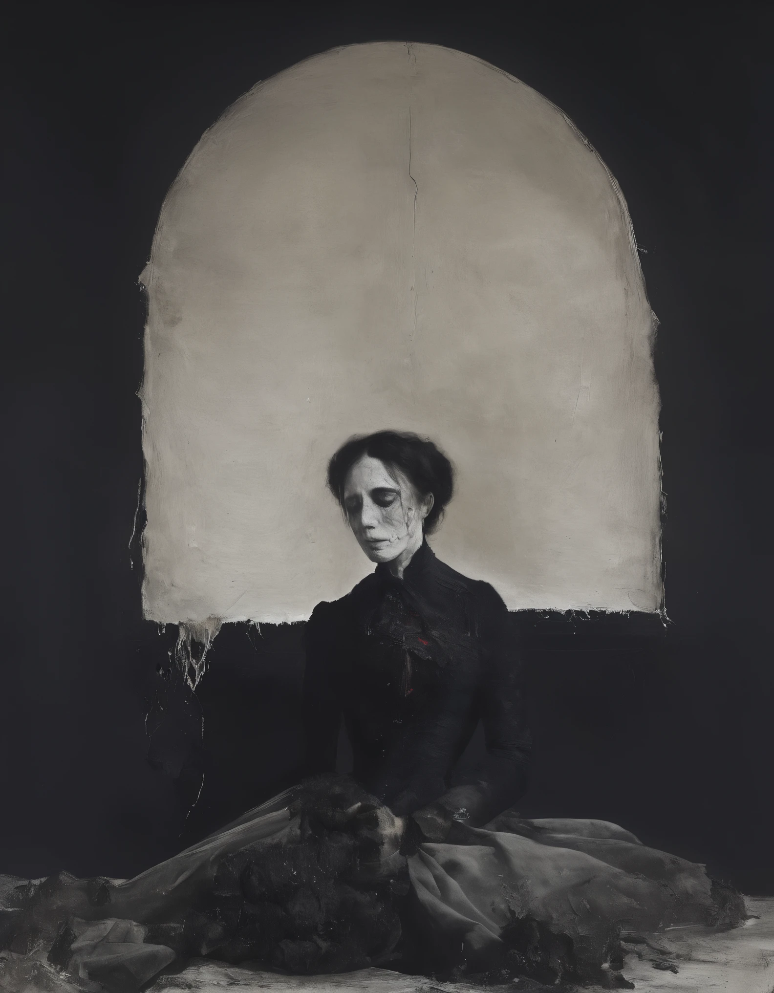 painting of a agonized madame bovary after consuming poison , body laid out on ground dramatically ,  victorian era clothing, gothic terror,   smeared dream like black background,   in the style of nicola samori 