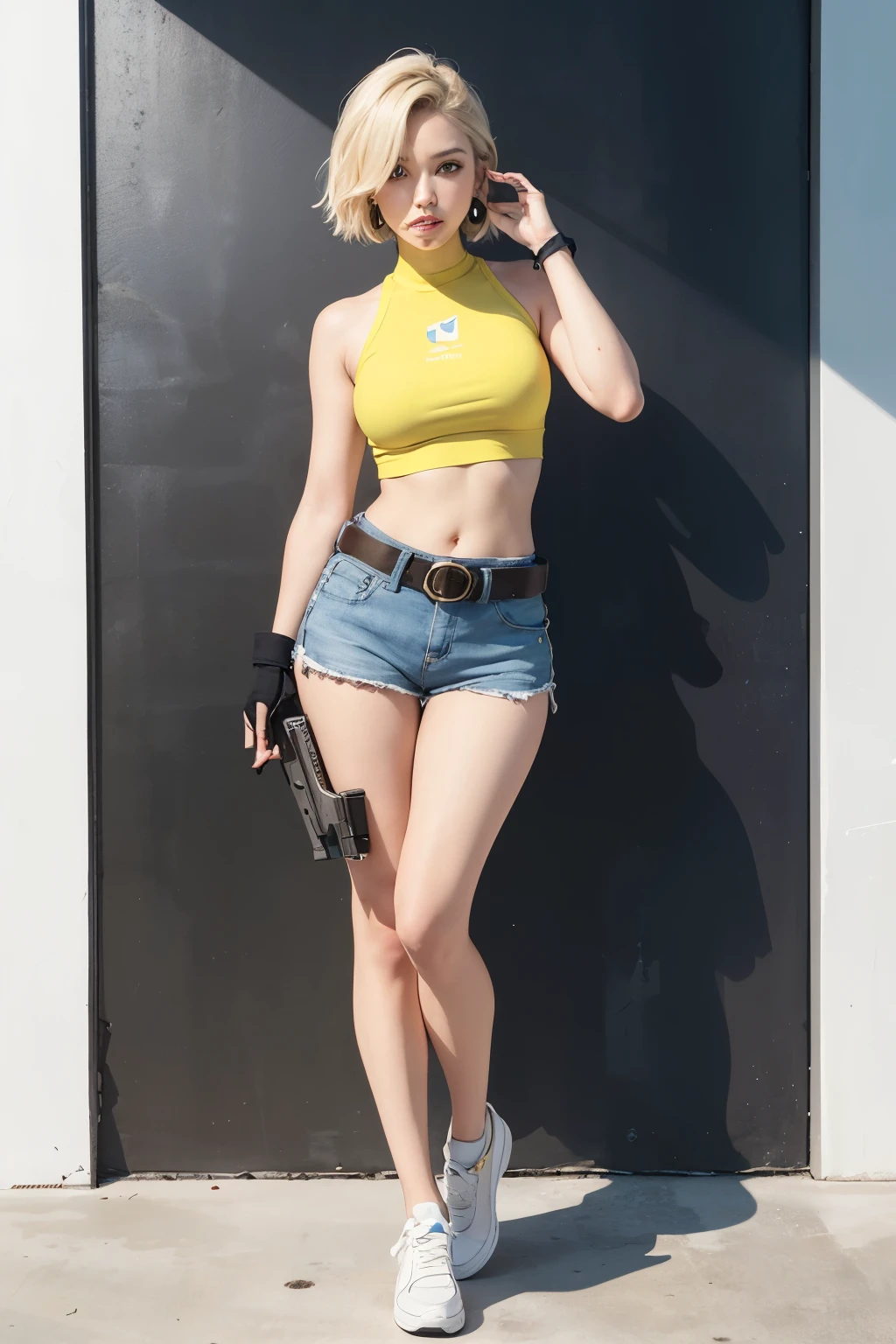 a full-body shot, look up at the viewer, white background, earrings, masterpiece, best quality, 1girl, short blonde hair, standing, yellow crop top, midriff, thigh holster, navel, belt, micro denim blue shorts, fingerless gloves, large breasts, beauty face, sneakers, handgun