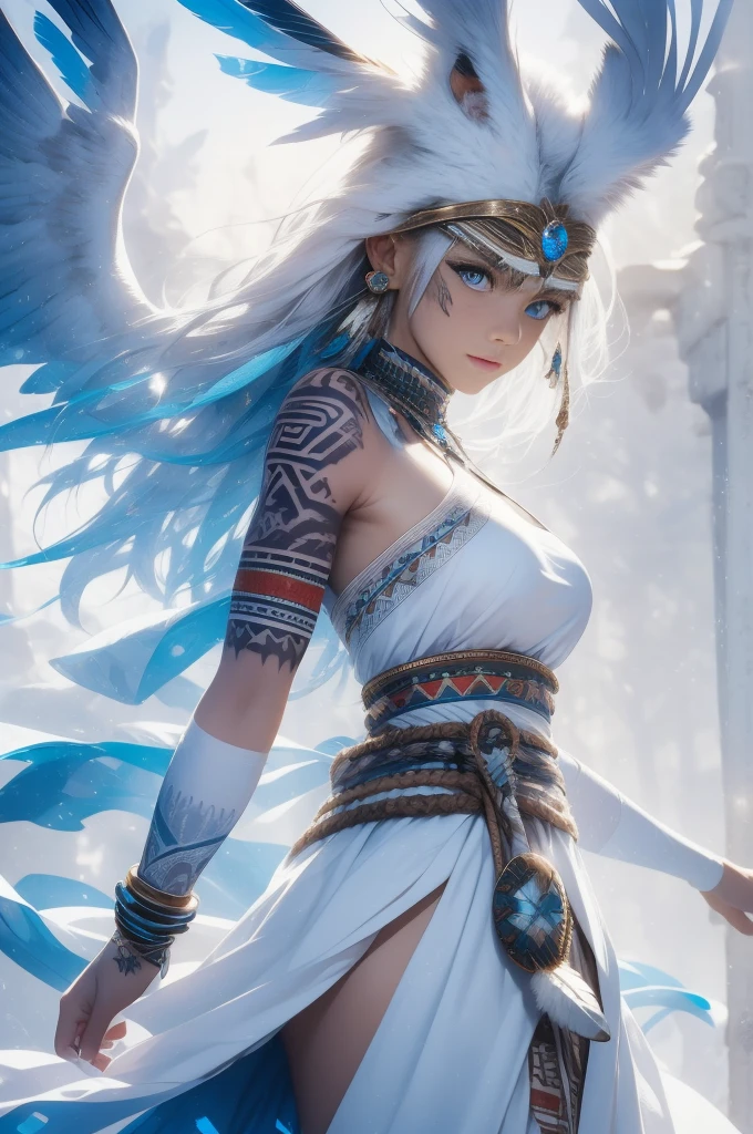 masterpiece, Cowboy shot, (1woman), (white fox), (tribal dress:1.2), (beautiful blue eyes), ((tribal (Eagle) tattoo)), white and blue colors, foggy background, dynamic pose, (looking at viewer), (front view), (from sky), (bokeh:1.2)