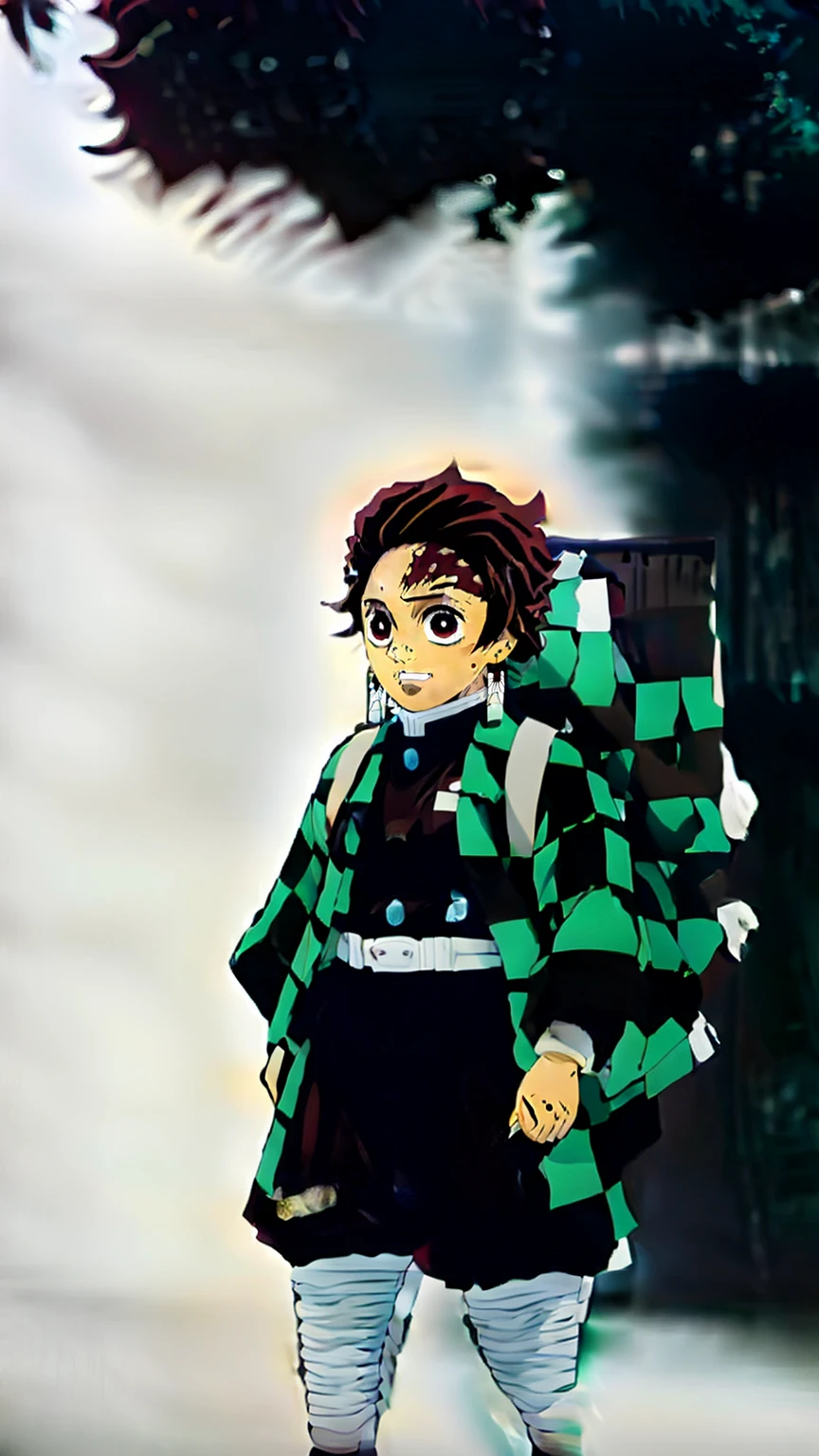 made by Emmanuel Lubezki, Daniel F Gerhartz, character from the anime Demon Slayer, anime boy with red hair and a green and black checkered jacket, a scar on the left side of his forehead, handsome guy in demon slayer art, tanjiro kamado, kimetsu no yaiba, demon slayer, cinematic demon art style, conceptual photo art, 32k, photo shoot unbelievable full body portrait, artificial lighting, hyper detailed, realistic.