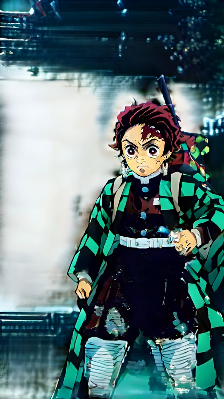 made by Emmanuel Lubezki, Daniel F Gerhartz, character from the anime Demon Slayer, anime boy with red hair and a green and black checkered jacket, a scar on the left side of his forehead, handsome guy in demon slayer art, tanjiro kamado, kimetsu no yaiba, demon slayer, cinematic demon art style, conceptual photo art, 32k, photo shoot unbelievable full body portrait, artificial lighting, hyper detailed, realistic.
