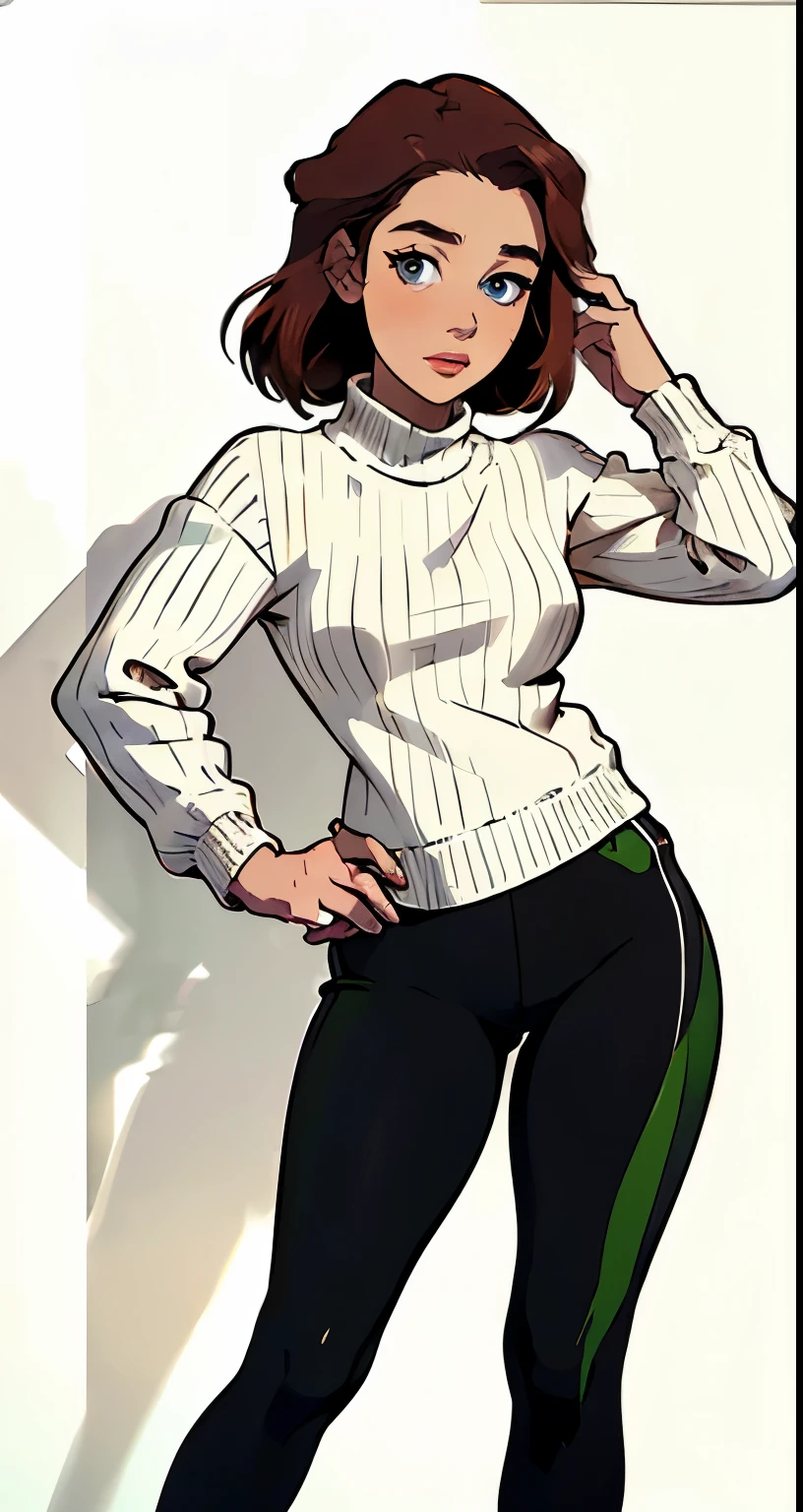 masterpiece, best quality, full body,1girl,the highest image quality, 30-year-old mature woman, looks like Emilia Clarke with brown skin, red hair, short brown hair, light brown eyes, large green sweater and black leggings, White background, empty background whole body , standing normally, happy expression