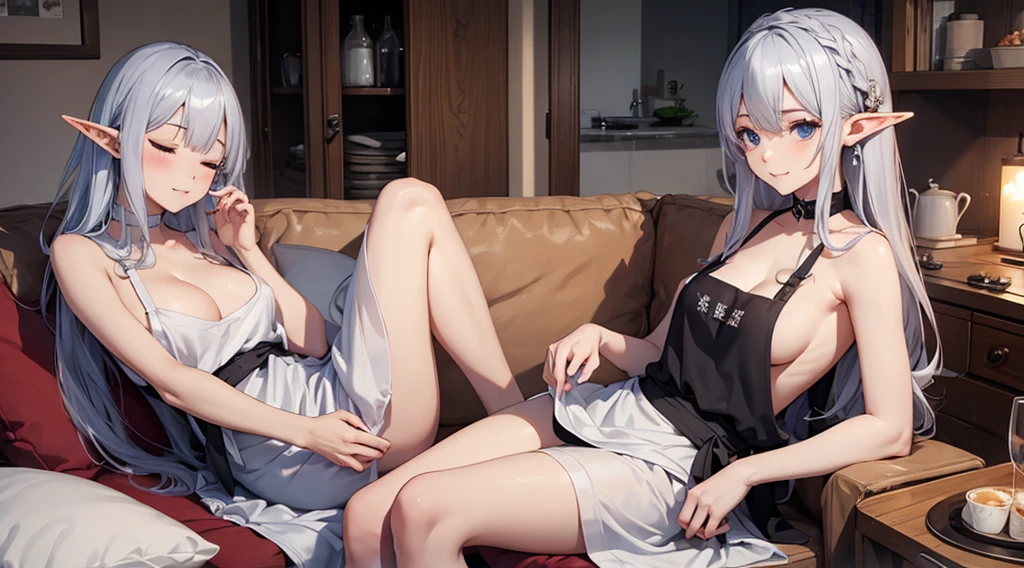 Elf Wife、Silver Hair、Naked Apron、living、Sleeping on a soft sofa、A comfortable sleeping face