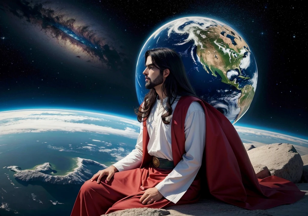 JesusChrist, prince of the universe, contemplating his work on planet earth