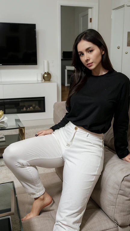 woman,((30 years old)), black shirt, beautiful face, white skin, soft smile, full body, long pants, livingroom