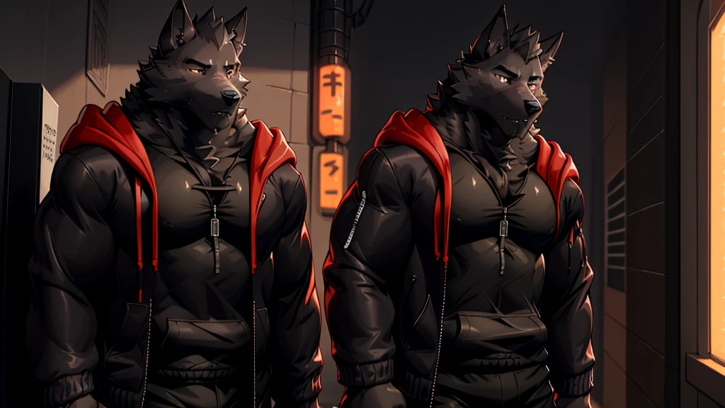 Black Wolf , alone, looking at the audience, shirt, 1 boy, jacket, male focus, open clothes, hood, black shirt, hoodie, muscular, chest muscles, muscular male, only, hooded jacket, sharp nails, school corridor, alone, black fur