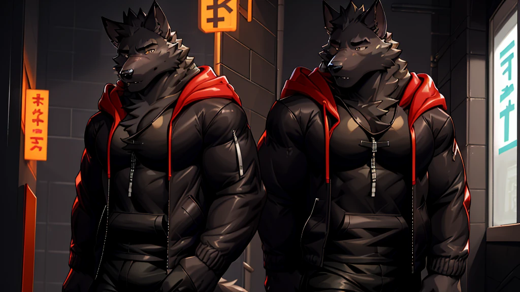 Black Wolf , alone, looking at the audience, shirt, 1 boy, jacket, male focus, open clothes, hood, black shirt, hoodie, muscular, chest muscles, muscular male, only, hooded jacket, sharp nails, school corridor, alone, black fur