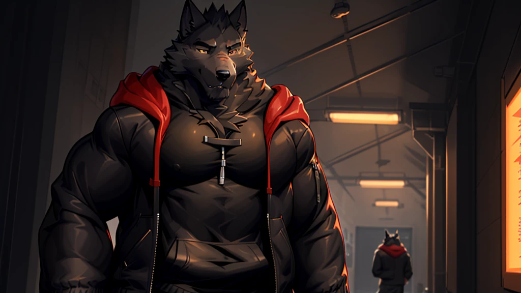Black Wolf , alone, looking at the audience, shirt, 1 boy, jacket, male focus, open clothes, hood, black shirt, hoodie, muscular, chest muscles, muscular male, only, hooded jacket, sharp nails, school corridor, alone, black fur