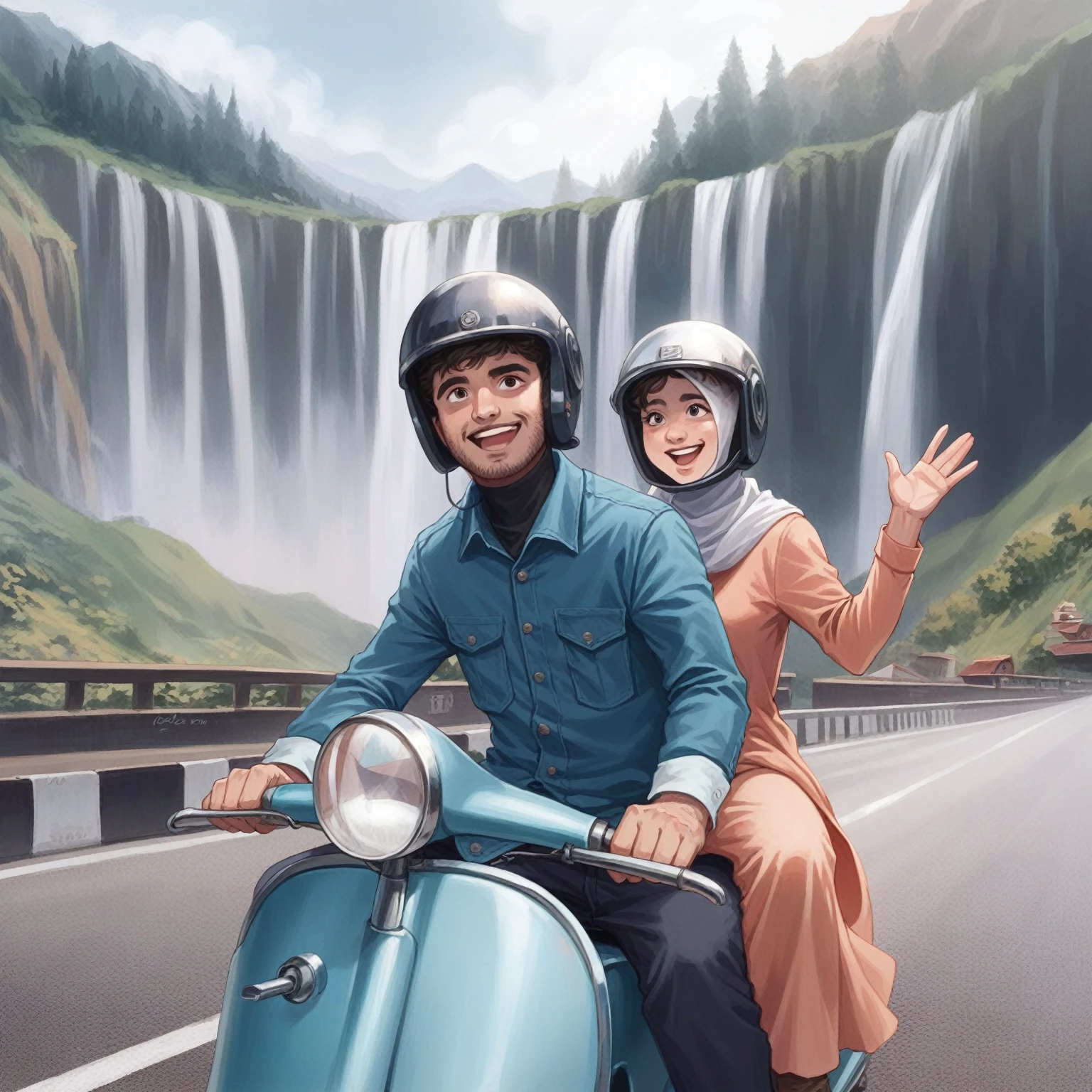 depict a 4D caricature showing a young Indonesian man aged 27 years wearing a helmet riding a classic Vespa motorbike carrying a young Muslim woman aged 27 years waving towards the front, they both look happy, the background is a road with a waterfall and mountains behind him, very detail, angle shot, 32k.