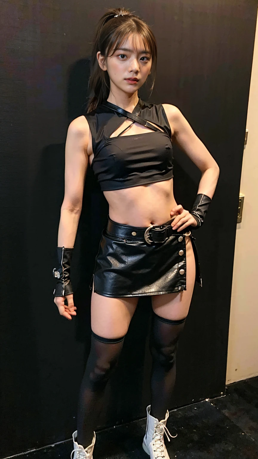 (8K、RAW Photos、Highest quality、masterpiece:1.2)、(Highest quality、Realistic)、1 Girl、((leather、ガーターbelt、ponytail、Tube top、Arm Covers、Ninja costume、mini skirt、tights、Belly button、Gloves、belt、ribbon、See-through、Thin legs、whole body、boots、City of night、View from the front、Looking into the camera、Stand with hands on hips))、cute