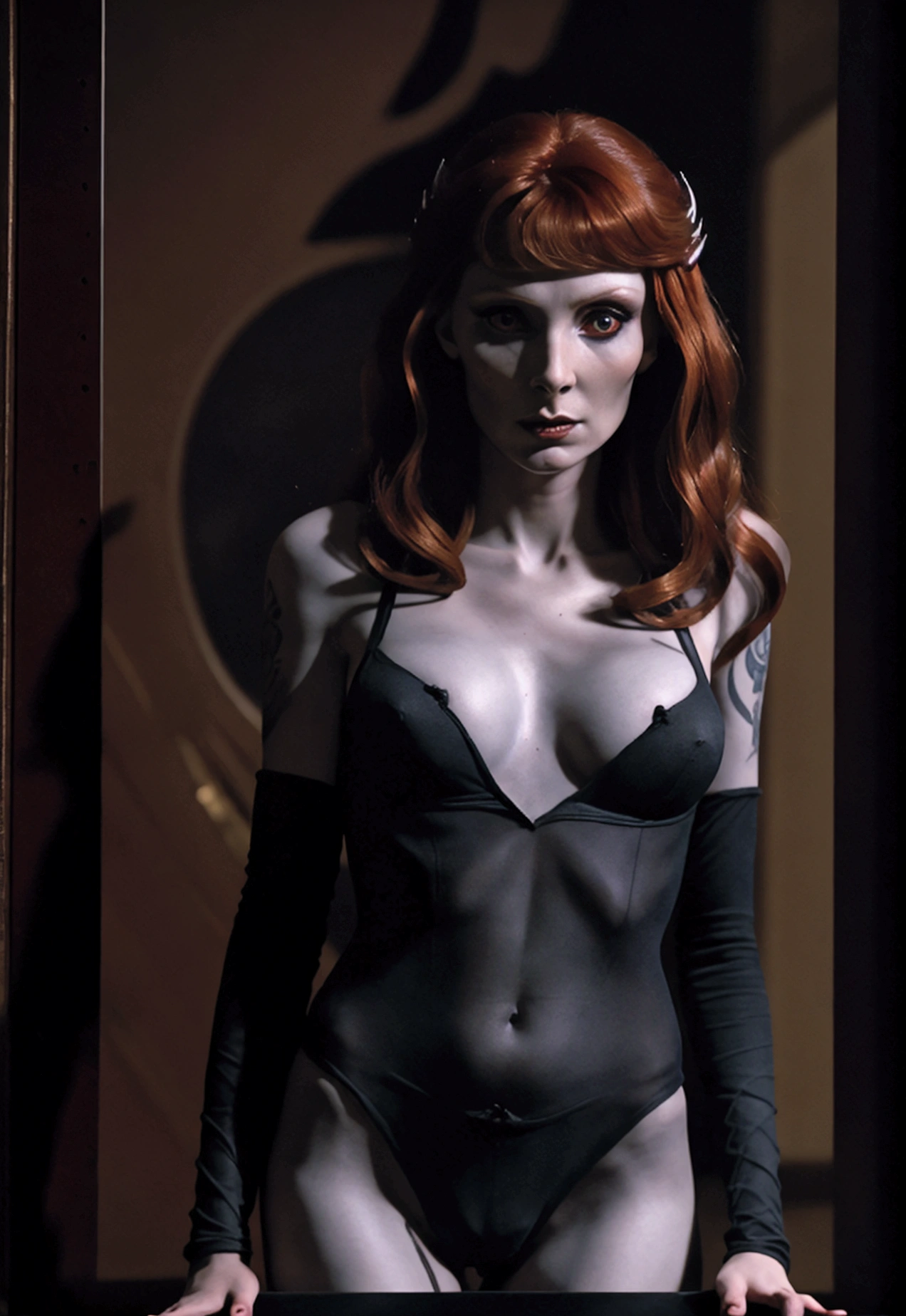 A dark elf (Beverly Crusher, age 30), pale white skin, large pointy ears, blood red eyes, large evil tattoos, sheer black lingerie, posing sultry in her summoning chamber, entire body, (best quality,4k,8k,highres,masterpiece:1.2),ultra-detailed,(realistic,photorealistic,photo-realistic:1.37),dark fantasy, chiaroscuro lighting, moody atmosphere, intricate details, dramatic lighting, cinematic composition
