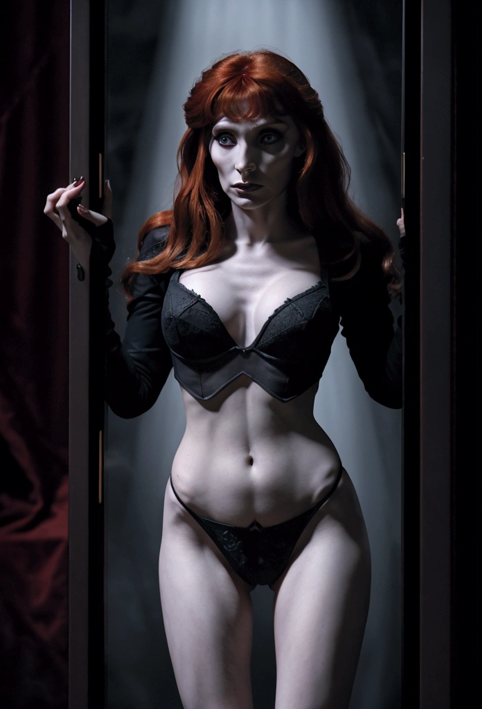 A dark elf (Beverly Crusher, age 30), pale white skin, large pointy ears, blood red eyes, large evil tattoos, sheer black lingerie, posing sultry in her summoning chamber, entire body, (best quality,4k,8k,highres,masterpiece:1.2),ultra-detailed,(realistic,photorealistic,photo-realistic:1.37),dark fantasy, chiaroscuro lighting, moody atmosphere, intricate details, dramatic lighting, cinematic composition