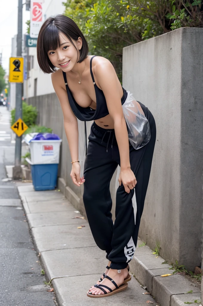 Front view of a Japanese woman,Street Area,Electric pole,Electric pole下のゴミ収集センター,Very short bowl cut hair with blunt bangs,early morning,(Sandals:1.2),Panty lines,(I have a garbage bag:1.4),High resolution,Beautiful Hair,plump, break ((Wearing a loose T-shirt,Sweat pants)),(Leaning forward:1.3),(Cleavage),Standing in front of a trash can,(Put the trash in the trash can:1.1),Shoot the trash can,(Very good),smile,(Nipples slip),(Nipple slip), The neckline shows the breasts,