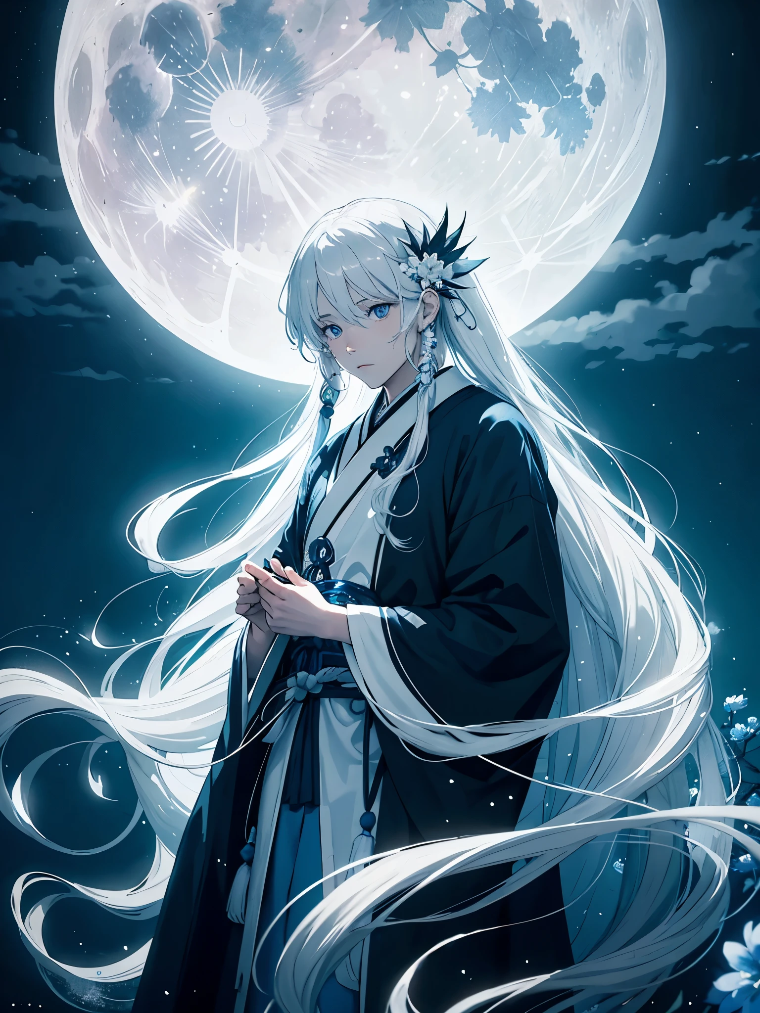Japanisch. White crows. Ghosts. lights. magical. Power animals. Spirit. King of the moon. Long hair. long white hair. aquatic, boy, silver hair accessories, White hair, blue flowers. Blue lights. full moon. holy.