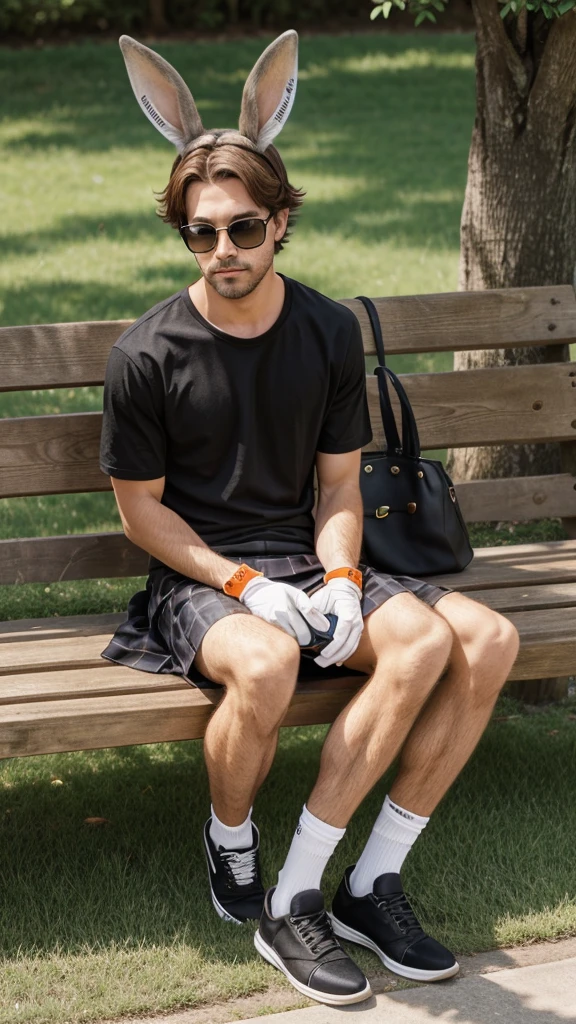 phone, 1boy, bench, whiskers, male_focus, furry, solo, cellphone, shirt, sitting, holding_phone, orange_shirt, animal_ears, buck_teeth, shoes, furry_male, artist_name, smartphone, rabbit_ears, holding, tail, gloves, animal_nose, rabbit_boy, simple_background, looking_at_phone, signature, on_bench, watermark, skirt, black_eyes