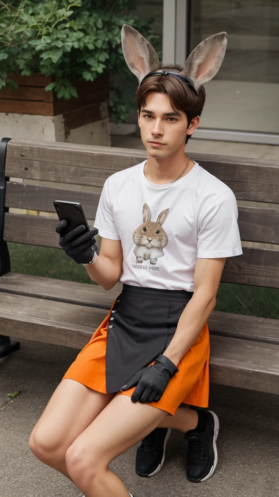 phone, 1boy, bench, whiskers, male_focus, furry, solo, cellphone, shirt, sitting, holding_phone, orange_shirt, animal_ears, buck_teeth, shoes, furry_male, artist_name, smartphone, rabbit_ears, holding, tail, gloves, animal_nose, rabbit_boy, simple_background, looking_at_phone, signature, on_bench, watermark, skirt, black_eyes