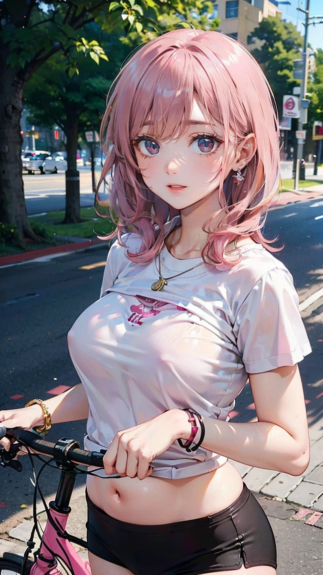 (Masterpiece, BestQuality:1.3), (ultra detailed:1.2), (hyperrealistic:1.3), (RAW photo:1.2), High detail RAW color photo, professional photograph, (Photorealistic:1.4), (realistic:1.4), (Pink Hair:1.5), professional lighting, perfect anatomy, (Big Breasts:1.2), (blush, detailed face), (cheerful Smile:1.5), Trending Hair&Trending Hairカラーをランダムに, earrings, necklace, bracelet, sexly, erotic sexly, Random sexy gravure poses, (White T-shirt and black mini skirt、The background is a bicycle path、Lifting her T-shirt a little to show her belly、Posing with a picnic basket。:1.3)