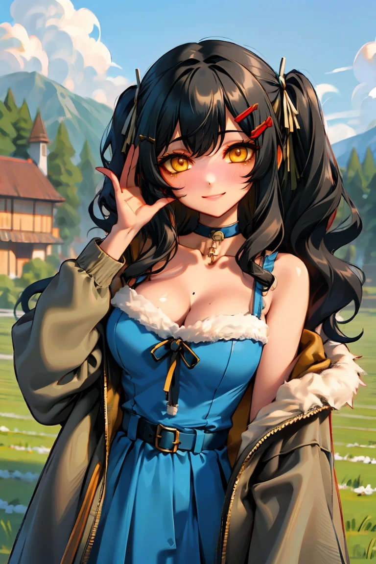 (masterpiece:1.2), (high quality:1.2), girls with((hui xiyi, rekkyo sensen, 1girl, solo, black hair, yellow eyes, (wavy long hair, one side up, hairclips:1.3), bare shoulder, blush, breasts, choker, cleavage, coat, cowboy shot, blue lace dress, camisole, ribbon waist belt, black ribbon belt, collar, collarbone, rosary, rosary choker, cross, fur, fur trim, parka, khaki hoodie, green hoodie, khaki jacket, hood down, hooded coat, hooded jacket, hoodie, jacket, large breasts, long sleeves, medium breasts, open clothes, open coat,open hoodie, sleeveless, winter clothes, zipper, cleavage, upper body, hand up, waving, palm)), background with((architecture, blue sky, bush, castle, village, no humans, cloud, cloudy sky, day, field, garden, grass, hill, house, lamppost, landscape, mountain, mountainous horizon, nature, no humans, outdoors, scenery, shrine, sky))