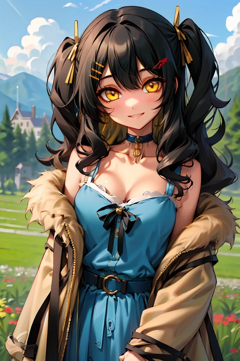 (masterpiece:1.2), (high quality:1.2), girls with((hui xiyi, rekkyo sensen, 1girl, solo, black hair, yellow eyes, (wavy long hair, one side up, hairclips:1.3), bare shoulder, blush, breasts, choker, cleavage, coat, cowboy shot, blue lace dress, camisole, ribbon waist belt, black ribbon belt, collar, collarbone, rosary, rosary choker, cross, fur, fur trim, parka, khaki hoodie, green hoodie, khaki jacket, hood down, hooded coat, hooded jacket, hoodie, jacket, large breasts, long sleeves, medium breasts, open clothes, open coat,open hoodie, sleeveless, winter clothes, zipper, cleavage, upper body, hand up, waving, palm)), background with((architecture, blue sky, bush, castle, village, no humans, cloud, cloudy sky, day, field, garden, grass, hill, house, lamppost, landscape, mountain, mountainous horizon, nature, no humans, outdoors, scenery, shrine, sky))