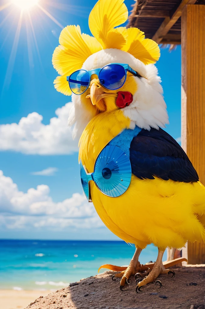 Cute yellow colour chicken with blue sun glass