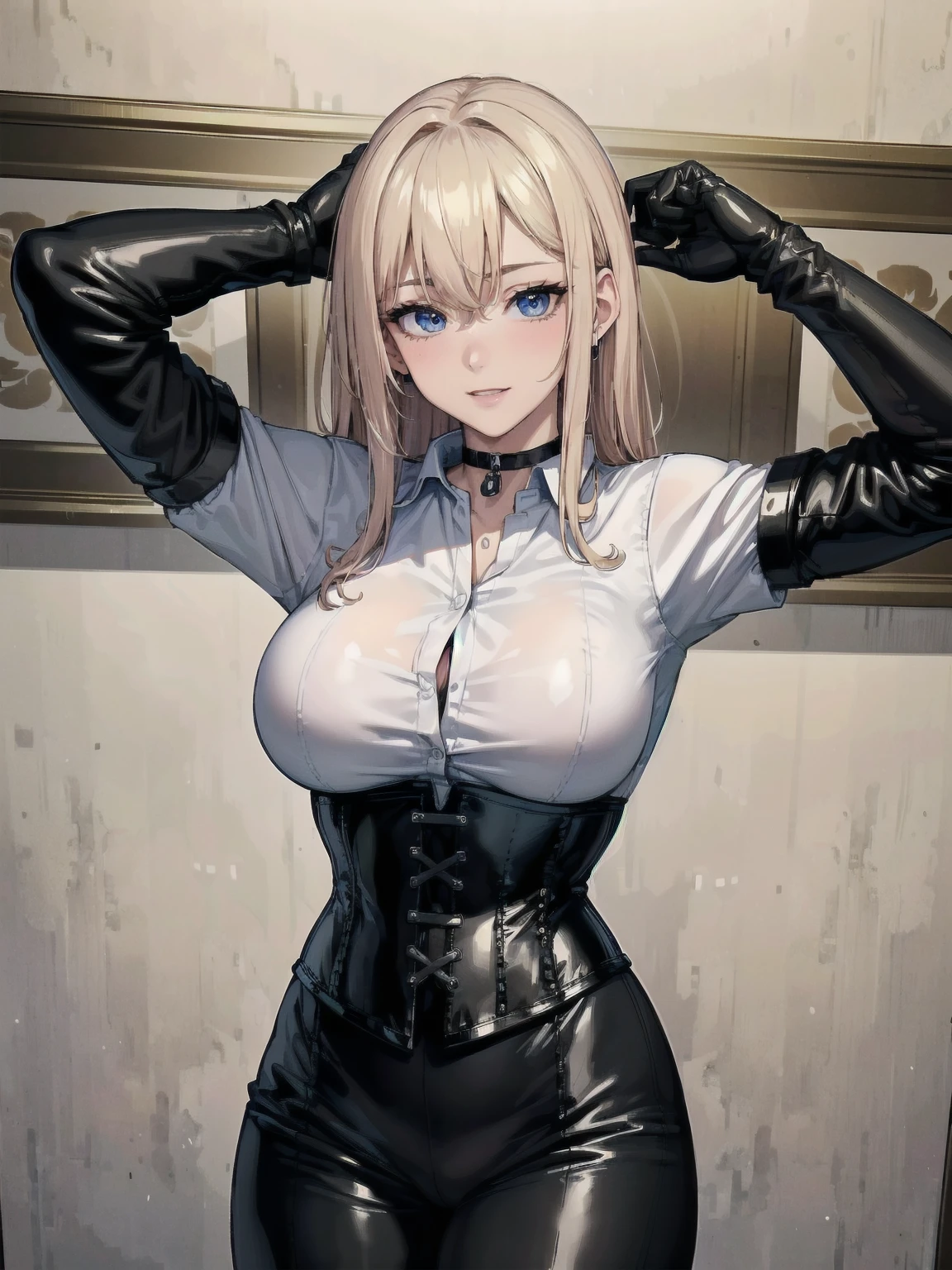 Masterpiece, Superior image quality, high resolution, 4k image,photo and gross, photorealistic, whole body, distant view, ung man of 15 years, enthusiasm pose, {{{vagina}}}, big breasts, beautiful face, Long blonde hair, blue eyes, very detailed eyes, pink cheeks, excited expression, drawing a smile of enthusiasm, choker:1.6, (white collar button down long sleeve shirt), black gloves, gloves that cover hands, (black leather corset), (shiny black leggings), Sensual Lips, show details in the eyes, looking at the viewer, large elegant illuminated room