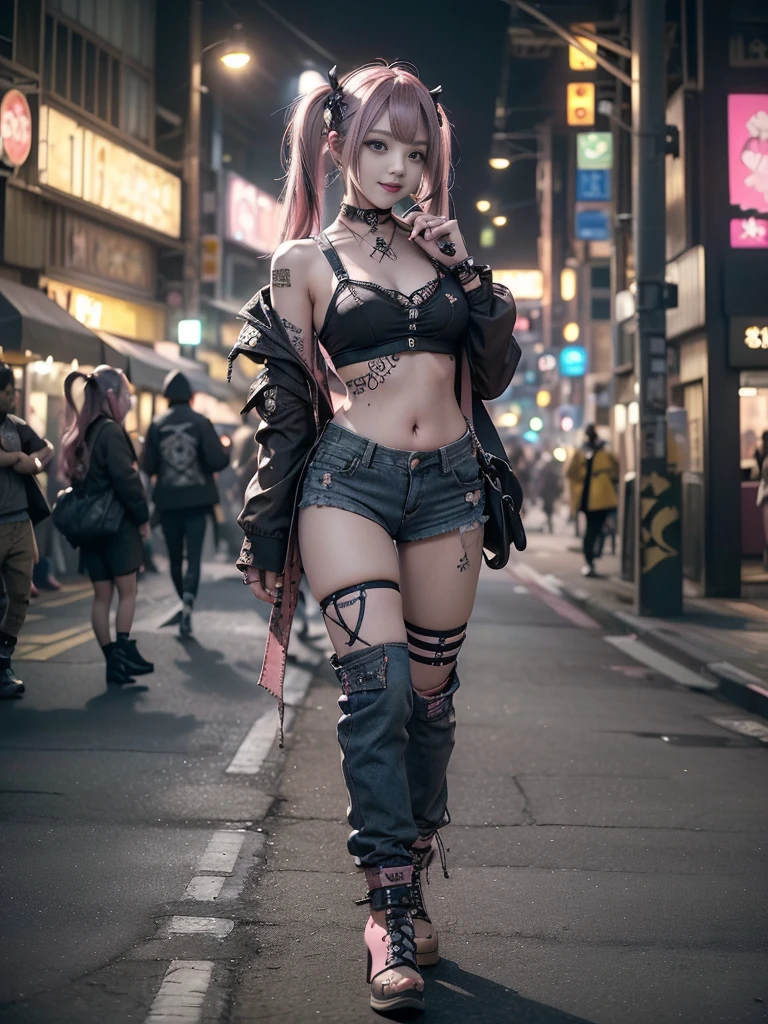 (Full body image:1.1)、(Side view:1.1)、(Beautiful Face:1.3)、(Smiling with teeth showing:1.3),(Shibuya Gal:1.5)、(Beverly Hills Whore:1.4)、(Neo-Goth Fashion:1.5)、(Punk rock visual kei:1.4)、(Modern white and red Baron:1.5)、(Tattered brown and charcoal denim baggy pants:1.5)、(Mustard yellow headband:1.3)、(Charcoal and khaki high heels:1.4)、collar、(We sell patterned underwear with logos.:1.4)、20-year-old、Browsing Caution,((Highest quality、In 8K、masterpiece:1.3))、Sharp focus:1.2、(Layered Cut、Huge breasts:1.1),Beautiful woman with perfect figure:1.4、(Doing an aerobics pose:1.3)、Slim Abs:1.2、Butt、Highly detailed face and skin texture、fine grain、double eyelid,(Twin tails:1.3)、(Pink Hair:1.3)、Obscene、idol carving、(A luxurious amusement park at night:1.3)、(Slimming your legs:1.4)、(the body is slim:1.3)、(clavicle:1.1)