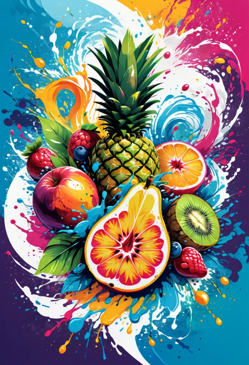 A t-shirt with vector art of a colorful fruit illustration, At the center, swirly vibrant colors, paint splashes and smears, high détail,Hawaii Background (artwork, best quality, proffesional, perfect composition, very aesthetic, absurdrez, super verbose, Intricate details:1.3)