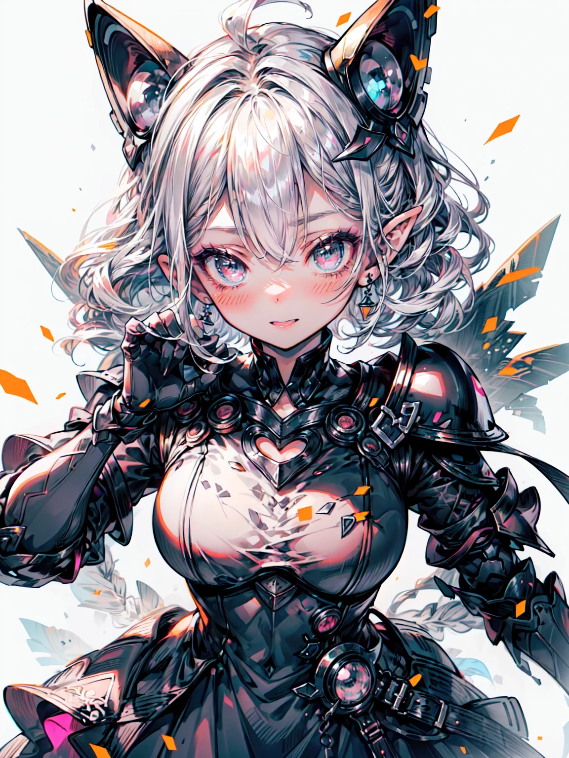Surreal、A masterpiece of delicate and detailed line drawing、Highest quality、Highest quality、(One Woman、s old、(Silver Hair、Hime cut, Wavy Hair, short hair:1.2)、(Natural Makeup、eyelashエクステ、Draw eyelashes sharply、Eyebrows are thin and short、Deep orange blush:1.1)、(Gazing at the audience, Spaced out、Looks sleepy、Mouth open、Slightly red cheeks:1.3)、(disaster々Intricately decorated full plate armor made of black iron, Intricately detailed dress armor, dark Knight:1.3)、garden、A mysterious scene with light pouring down, (Blur the background:1.3)、(Top view of the subject:1.1)、Photo from thigh up、Blake、(Dark Elf), (1 Girl), alone, Perfect Face, Get used to it, Ahoge, ((Long Hair:1.2)), (Hair above one eye:1.3), [[Messy Hair]], Shiny blonde white hair, Purple eyes, Variegated eyes, Colorful Hair, Shining Eyes, (eyelash, eye shadow, pink eye shadow), bright, smile, Design Art：haruhiko mikimoto, by Kawashi, By Yoshitaka Amano, Dark Skin