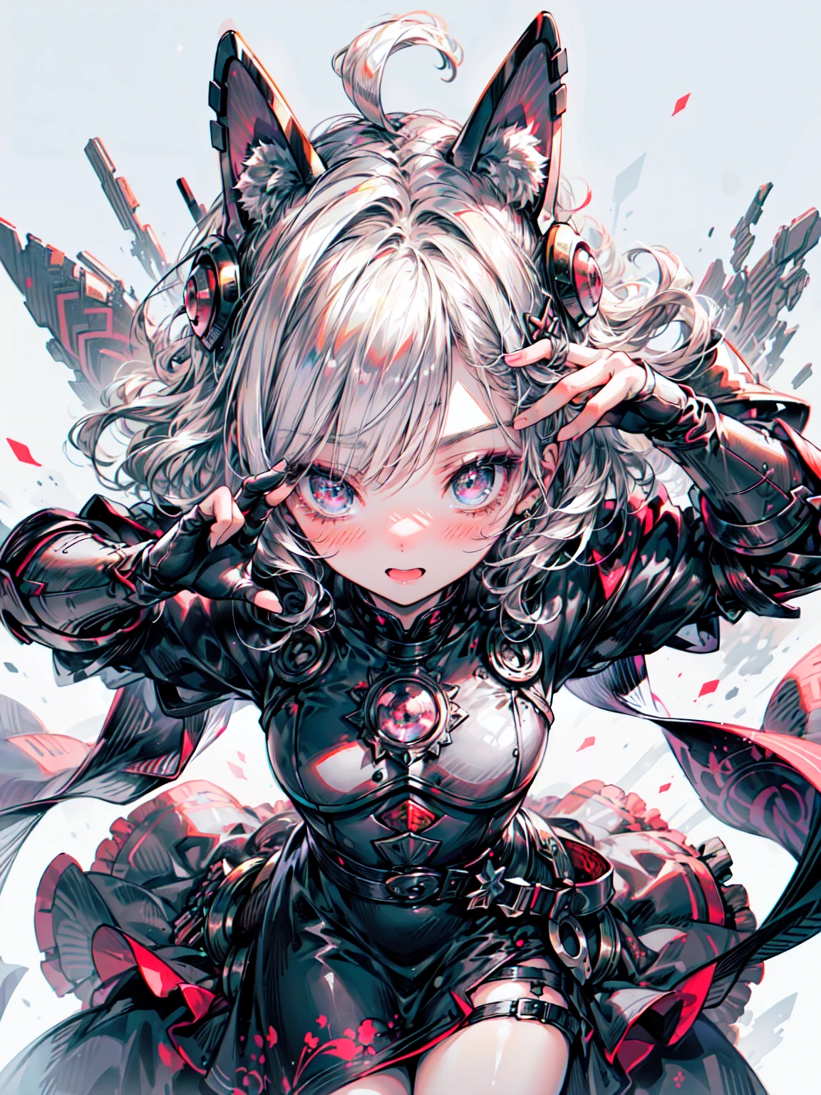 Surreal、A masterpiece of delicate and detailed line drawing、Highest quality、Highest quality、(One Woman、、(Silver Hair、Hime cut, Wavy Hair, short hair:1.2)、(Natural Makeup、eyelashエクステ、Draw eyelashes sharply、Eyebrows are thin and short、Deep orange blush:1.1)、(Gazing at the audience, Spaced out、Looks sleepy、Mouth open、Slightly red cheeks:1.3)、(disaster々Intricately decorated full plate armor made of black iron, Intricately detailed dress armor, dark Knight:1.3)、garden、A mysterious scene with light pouring down, (Blur the background:1.3)、(Top view of the subject:1.1)、Photo from thigh up、Blake、(Dark Elf), (1 Girl), alone, Perfect Face, Get used to it, Ahoge, ((Long Hair:1.2)), (Hair above one eye:1.3), [[Messy Hair]], Shiny blonde white hair, Purple eyes, Variegated eyes, Colorful Hair, Shining Eyes, (eyelash, eye shadow, pink eye shadow), bright, smile, Design Art：haruhiko mikimoto, by Kawashi, By Yoshitaka Amano, Dark Skin