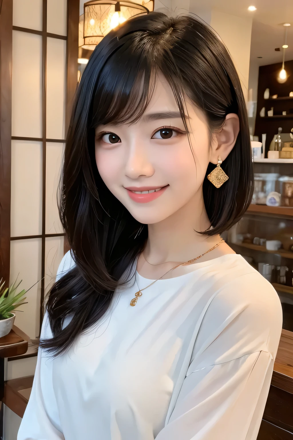 Black Hair、Clear beauty、Short Haircut、Wavy Hair、Long sleeve blouse、Ear piercing、Necklace around the neck、smile、Beautiful teeth alignment、Intricate details, Very detailed:1.2), 、 Looking into the camera、The background is a coffee shop