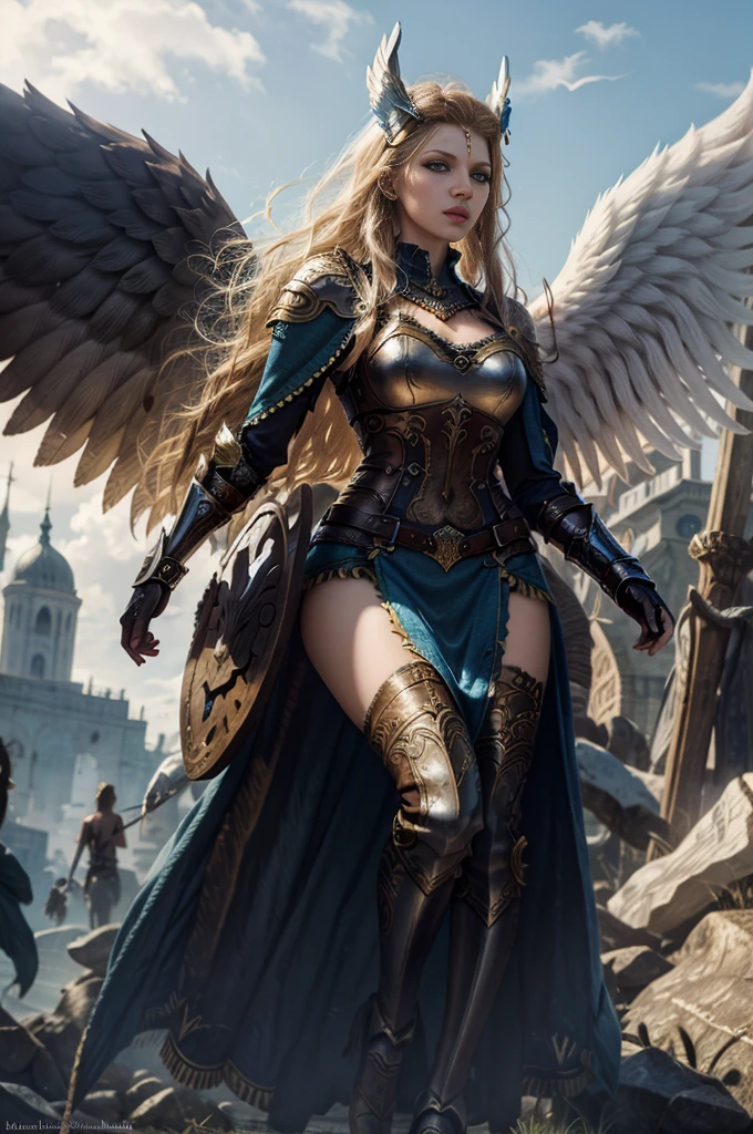 masterpiece, highly detailed, hyperrealistic fullbody shot of beautiful Katherine Winnick as a beautiful valkyrie angel, large angel wings, winged helmet, winged headgear