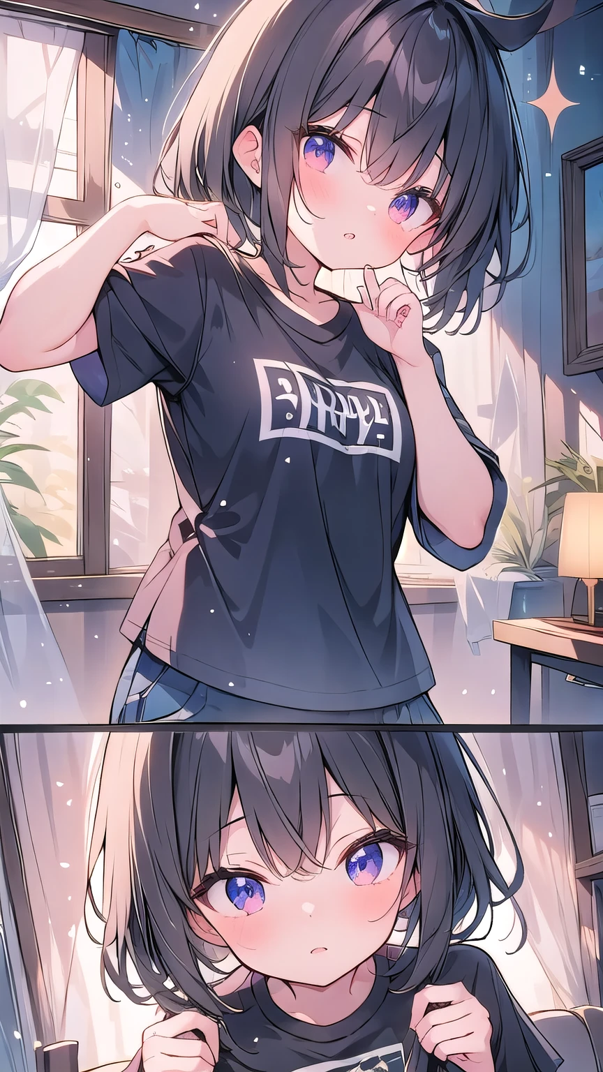 depth of field, cinematic lighting, sparkle, f/2.8, 35mm, アニメ, アニメ style, uhd, high details, best quality, highres, textured skin, 4K,T-shirt、Yawn、Overreaching、cute、Bedhead、Black Hair、Short Bob,One Girl