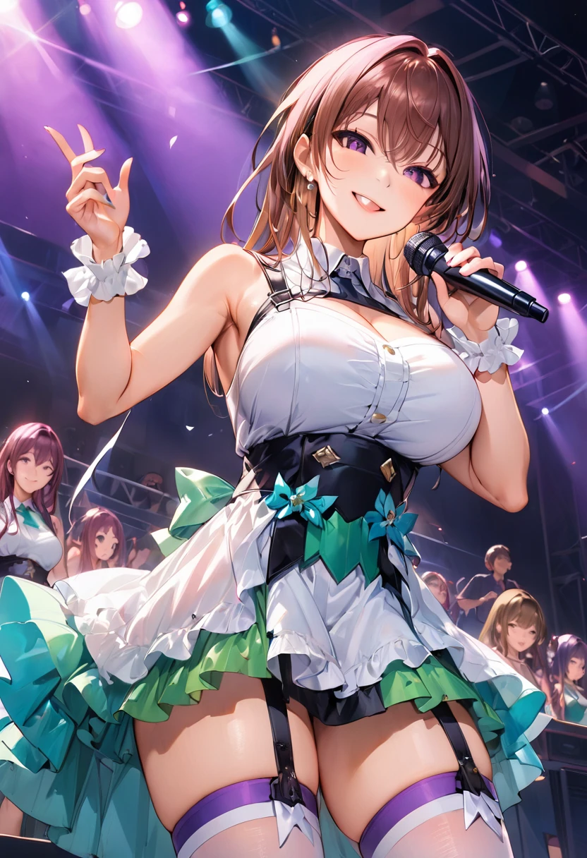 Highest quality、Complete limbs、Full Finger、Slender beauty、Straight Hair、Brown Hair、Deresute、green, White and purple idol costume、Knee-high socks、Beautiful big breasts、Live Stage、sing、Dancing、Big smile