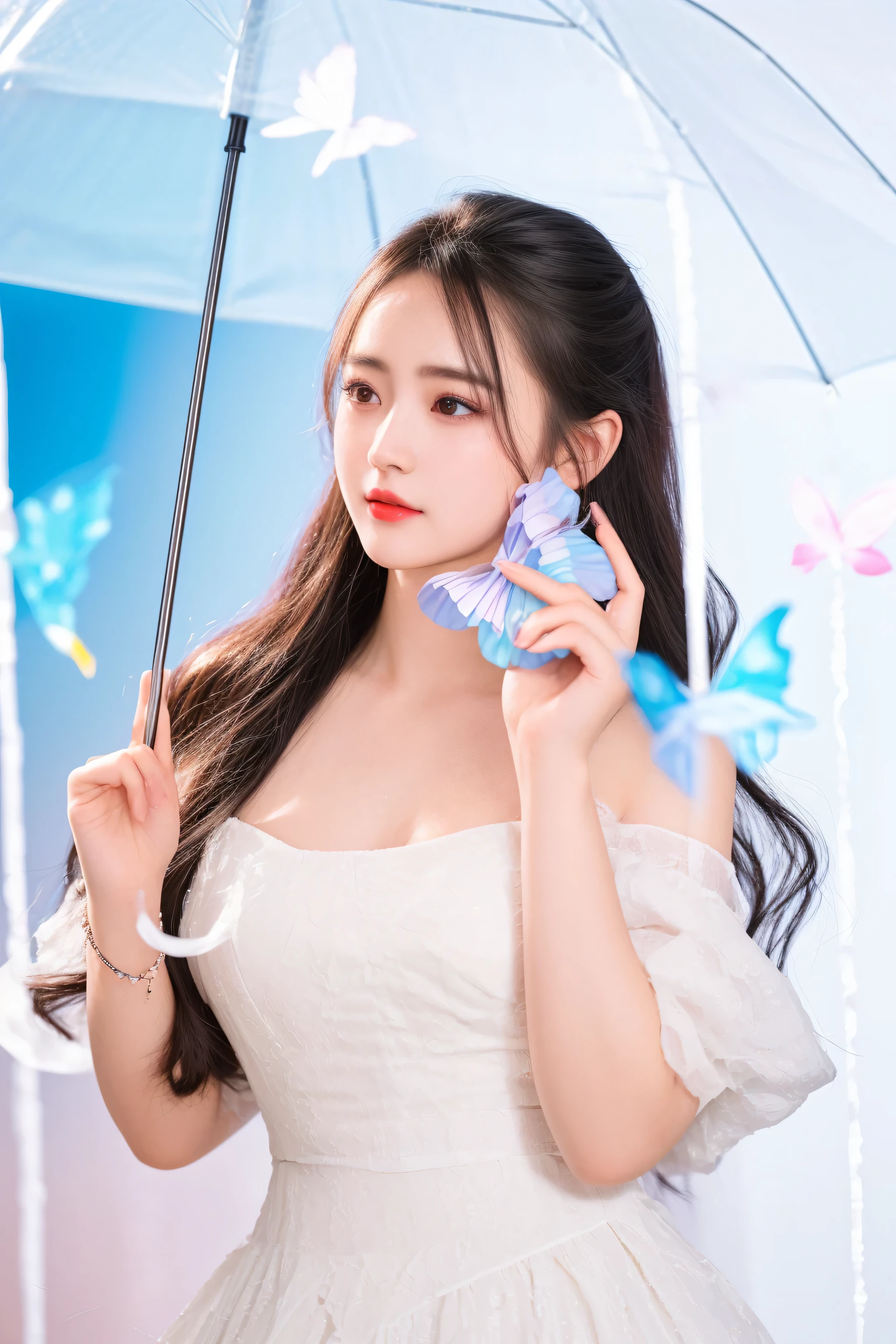 there is a woman in a white dress holding an umbrella, dilraba dilmurat, inspired by Huang Ji, xintong chen, chengyou liu, xision wu, sakimichan, aesthetic cute with flutter, full body xianxia, zeng fanzh, qifeng lin, captured on canon eos r 6, trending on cgstation