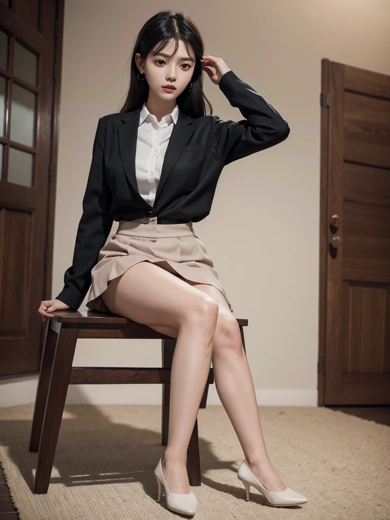 absurdres, RAW photo, extremely delicate and beautiful, masterpiece, Best Quality, ultra high resolution, 32k, hyperrealistic, ultra-detailed, perfect anatomy, super Detailed skin, Super Beauty, perfect figure, Perfect Style, Perfect balance, in her 20s, very small head, very small face, delicate facial features, tearful mole, earring, very huge breasts, bare legs, full body shot, medium hair, black hair, school_uniform,