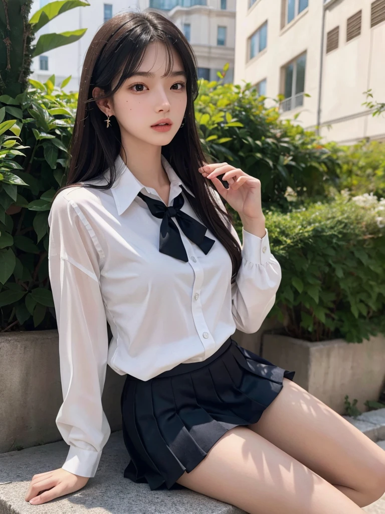 absurdres, RAW photo, extremely delicate and beautiful, masterpiece, Best Quality, ultra high resolution, 32k, hyperrealistic, ultra-detailed, perfect anatomy, super Detailed skin, Super Beauty, perfect figure, Perfect Style, Perfect balance, in her 20s, very small head, very small face, delicate facial features, tearful mole, earring, very huge breasts, bare legs, full body shot, medium hair, black hair, school_uniform,