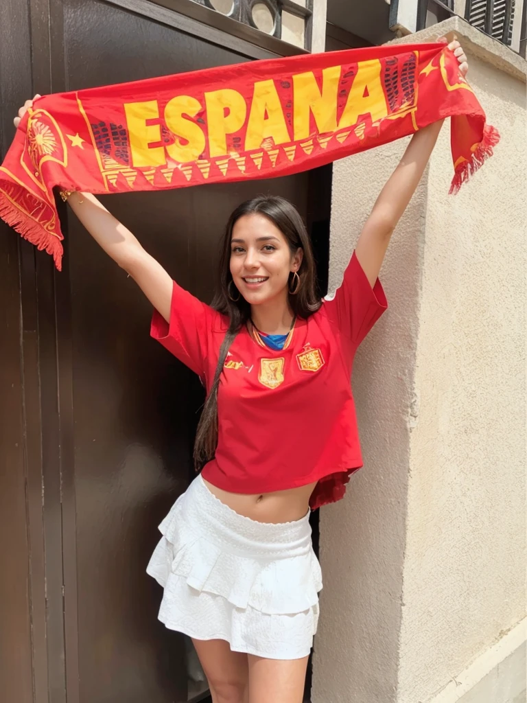

- **person**: young woman, long dark hair, seed - **Clothes**: Red t-shirt of the Spanish soccer team, white skirt with ruffles, gold earrings.
- **accessories**: Red scarf with text "Spain" in yellow.
- **position**: standing, smiling, raising the scarf with both hands above his head.
- **bottom**: Light door and a light wall.


